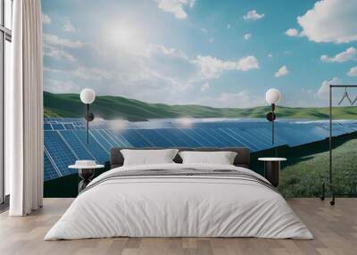 Renewable Energy - A solar panel array on green hills under a bright sky, harnessing renewable energy. Wall mural