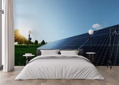 Renewable Energy - A solar panel reflecting sunlight in a green field, promoting renewable energy. Wall mural