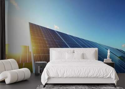 Renewable Energy - Solar panels reflecting sunlight in a green field, promoting renewable energy. Wall mural