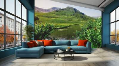 Beautiful landscape scenery of river and green mountains in the background at, Loch Na Fooey in connemara, county Galway, Ireland  Wall mural