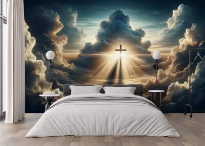 Christian cross in clouds on sky, good Friday background, religious template, Christianity banner Wall mural