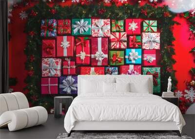 Merry Christmas red template with copy space area, festive background, Christmas gifts concept	 Wall mural