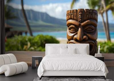 Polynesian culture, isolated wooden carved tiki statue, Hawaii background, banner with copy space text, template	 Wall mural