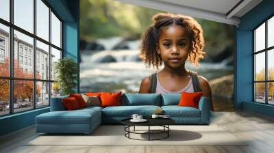 Portrait of cute little African American girl playing in river isolated on nature background, people banner with copy space text  Wall mural