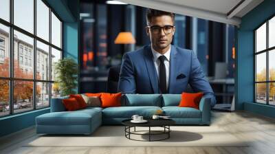 Portrait of handsome bussines man with glasses in the office, banner with copy space text  Wall mural