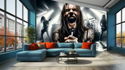 Portrait of metal band tattooed singer with long hair singing on stage, music background, hard core heavy metal Wall mural