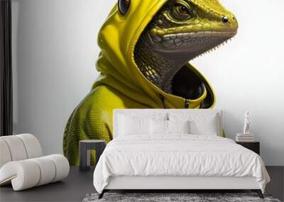 Portrait of yellow lizard in yellow hoodie on white background, nft style  Wall mural