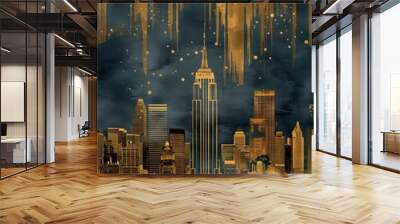 Abstract City Skyline with Gold and Dark Tones. Modern Urban Cityscape with Dripping Gold Effect Wall mural