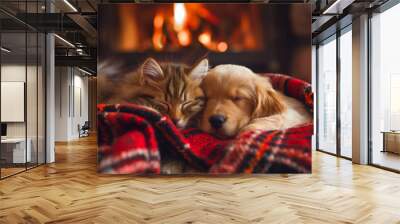 Kitten and Puppy Sleeping by Fireplace. Cozy Pets Resting on Plaid Blanket Wall mural