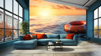 lifebuoy on the sea waves. Rescue and safety concept Wall mural