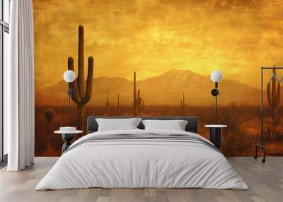 A Golden Desert Landscape with Tall Saguaro Cactus in the Foreground and a Distant Mountain Range in the Background, with a Vintage Textured Overlay Wall mural