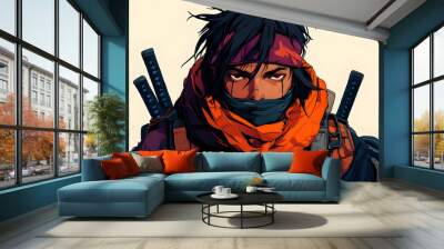 A Mysterious Warrior in a Bright Orange Scarf, Holding Two Swords on His Back, Looking Steadfastly Ahead with a Determined Expression. A Digital Illustration. Wall mural