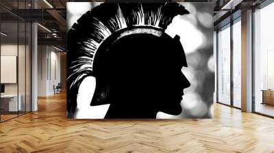 A Silhouette of a Warrior's Head Wearing a Spiked Helmet Against a Blurred Background of Light Wall mural