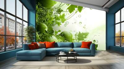 Abstract Green Spheres and Leaves with Water Drops Illustration Wall mural