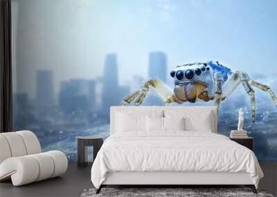 Blue and White Spider on Web with City Background Wall mural