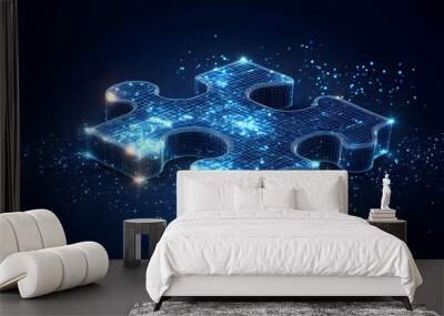 Blue Puzzle Piece Rotates with Glowing Lines, Abstract Problem Solving Concept Wall mural