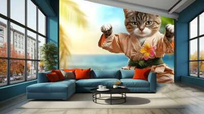 Funny Cat in Karate Gi on Beach,  Karate Cat Wall mural