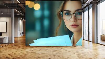 Portrait of a young businesswoman holding documents in an office setting Wall mural