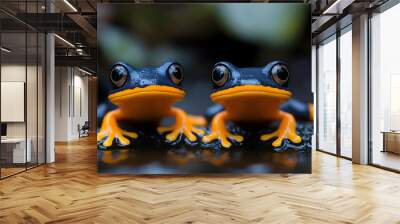 Two Blue and Orange Frogs Looking at the Camera with a Curious Expression on Their Faces in a Lush, Green Forest Setting Wall mural