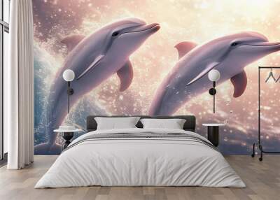 Two Dolphins Leaping Out of the Water,  Against a  Sparkling Sunset,  Ocean Wildlife Wall mural