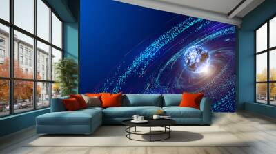 3D earth, lines, particle universe vortex, network big data background. Wall mural