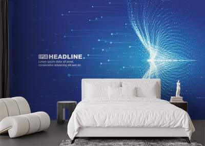 Blue abstract particle wings with ray technology vector background Wall mural