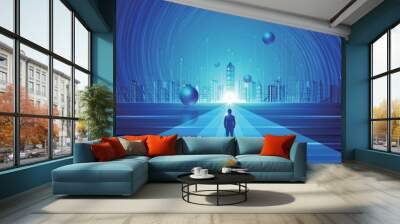 Businessman facing towards future city futuristic technology space background Wall mural