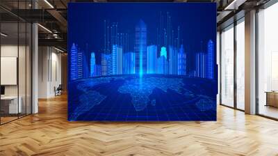 World map, line and architecture, the background of Internet finance technology in future city. Wall mural