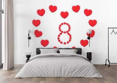 Red 8 March shape from many 3D hearts on white background Women's Mother's day Wall mural