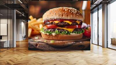 'burger fries wooden french fast food bun cheese cheeseburger classic eat fresh hamburger isolated ketchup lettuce meal meat minced onion salad sandwich sesame snack tomatoes vegetable Wall mural