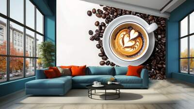 cup of coffee and bean on white table background. top view Wall mural