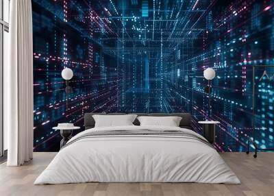 Digital binary code matrix background - 3D rendering of a scientific technology data binary code network conveying connectivity, complexity and data flood of modern digital age  Wall mural