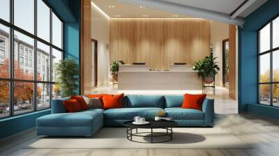 Luxury and contemporary lobby area interior design in white and wood style with reception counter Wall mural