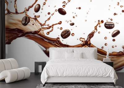 Milk Brown coffee liquid swirl splash and little bubbles with falling coffee Beans isolated on transparent png background, liquid fluid element flowing in form of wave Wall mural