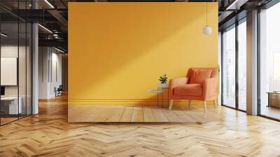 Modern wooden living room with an orange armchair on empty yellow wall background,Minimal room- 3D rendering Wall mural