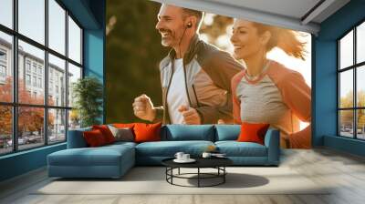 Jogging adult couple in the morning Wall mural