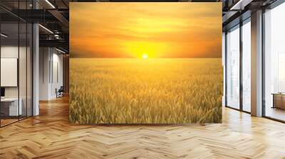 Wheat field with ripening ears on the background of a sunset orange cloudy sky, idea of a rich harvest Wall mural