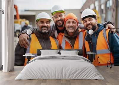 Portrait of construction worker wearing helmet and vest with team at construction site Wall mural