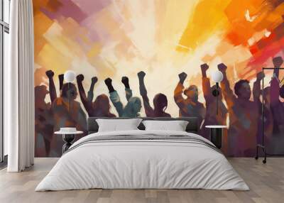 Silhouetted Men and Women Holding Fists in the Air, Representing Solidarity, Painting, Generative AI Wall mural