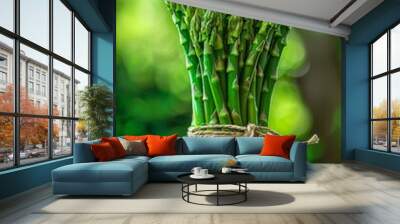 A bunch of fresh green asparagus tied up with twine on a wooden table Wall mural