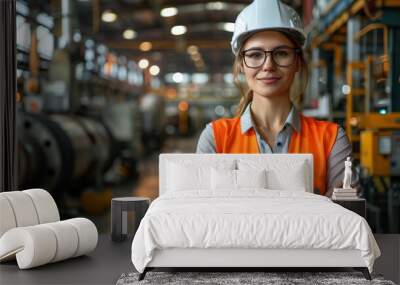 A female worker in an industrial setting, wearing a safety vest and hard hat, stands with her arms crossed, looking directly at the camera Wall mural