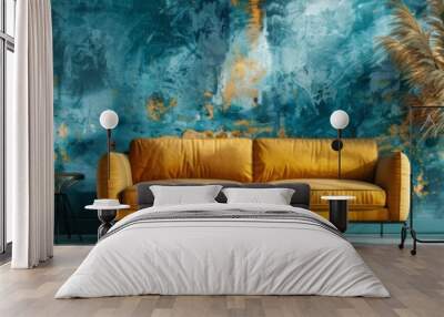 A modern living room interior mockup featuring a yellow sofa and an abstract teal and gold wall mural Wall mural