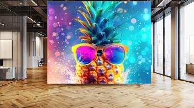 A pineapple with sunglasses floating in the water on a sunny day Wall mural