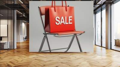 A trendy red shopping bag with the word sale prominently displayed rests on a modern chair, inviting shoppers to explore great deals and offers Wall mural