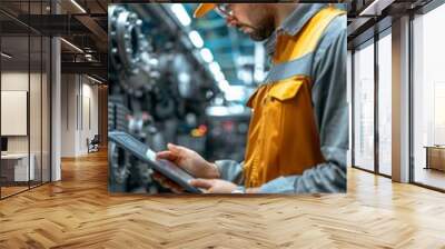 An engineer wearing a hard hat and safety vest uses a tablet to inspect machinery in a factory Wall mural