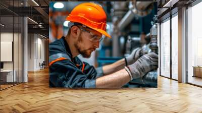 An engineer wearing safety gear is working on a water purification system in a factory setting Wall mural