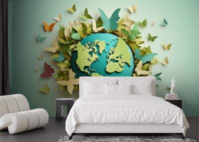 Globe surrounded by butterflies and leaves. Earth day concept Wall mural