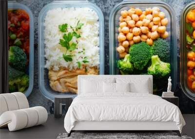 Overhead view of meal prep containers filled with various types of food such as vegetables, grains, and proteins Wall mural