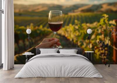 Person holding a glass of wine in a vineyard setting, surrounded by grapevines and nature Wall mural