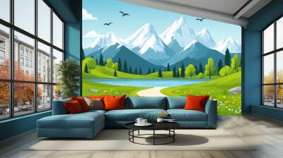 Scenic mountain landscape with serene lake, lush green fields, and clear blue sky under bright sunny weather Wall mural